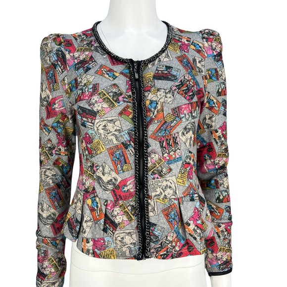 RARE/HTF Comic Print Y Apparel USA puff shoulder Zip Up Peplum Cardigan Sz Md - Picture 3 of 15